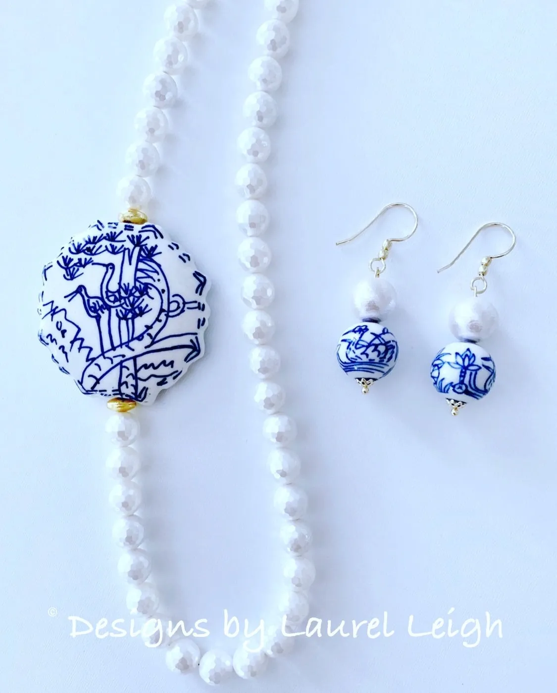 Chinoiserie Pearl/Bird Drop Earrings - Gold/Silver