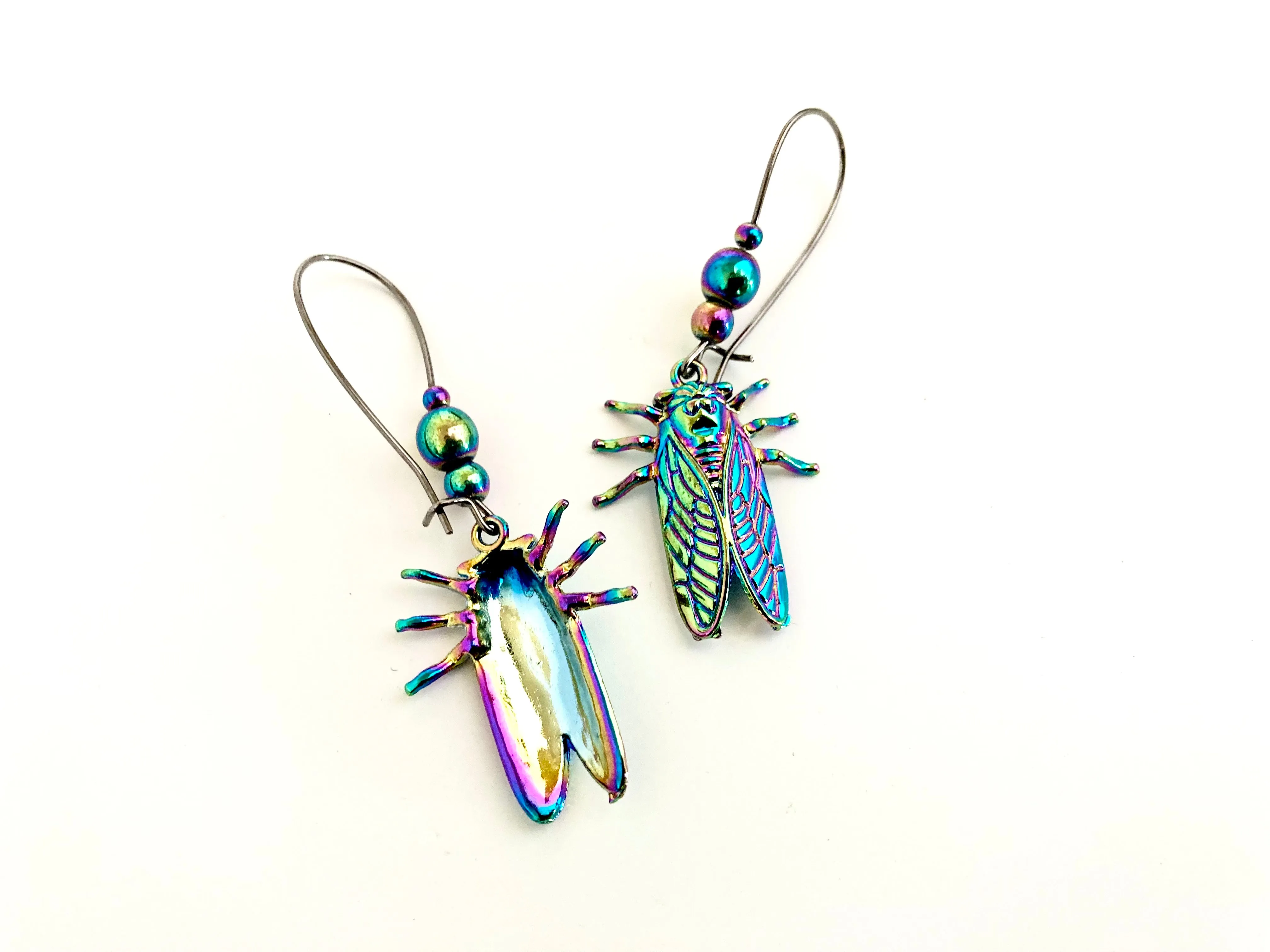 Cicada Earrings | Iridescent Rainbow Cicada Insect Charm Earrings | Forest Jewelry