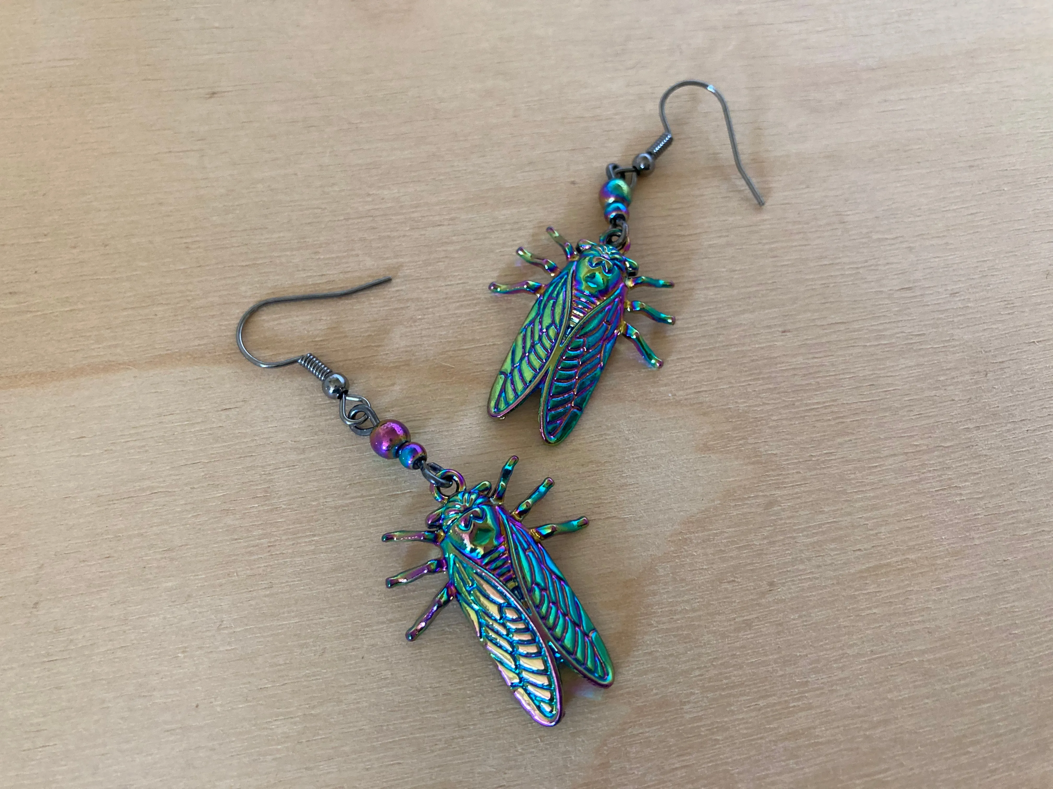 Cicada Earrings | Iridescent Rainbow Cicada Insect Charm Earrings | Forest Jewelry