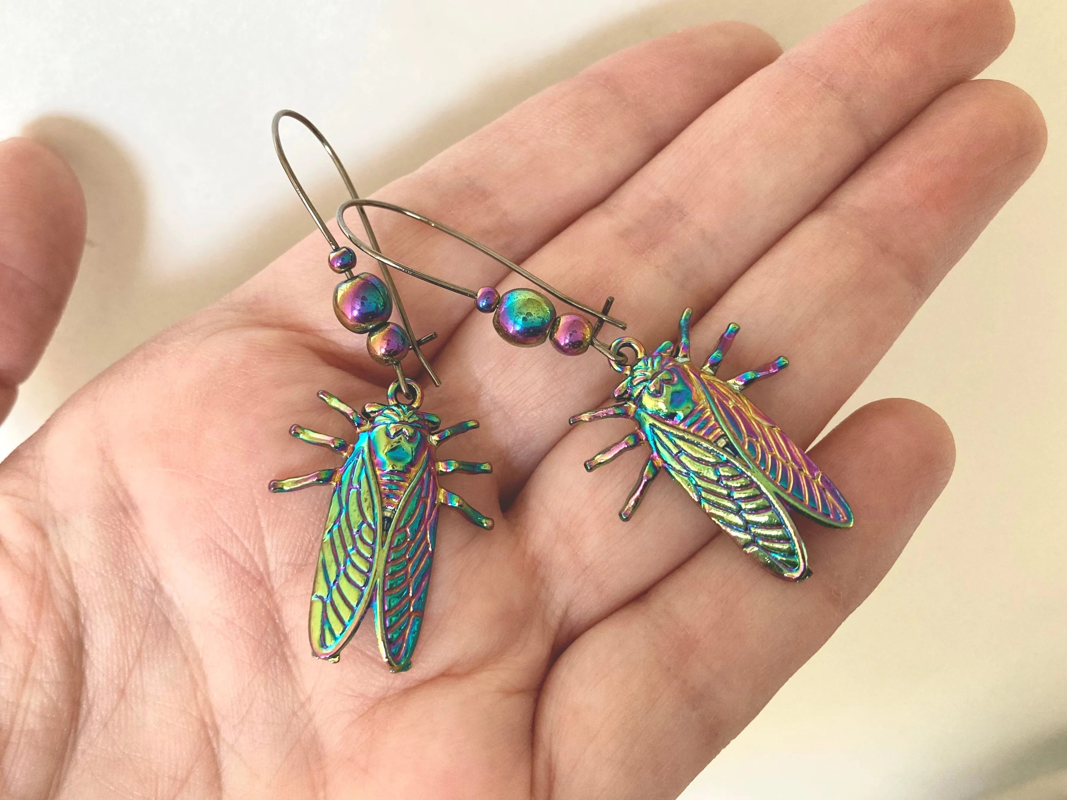 Cicada Earrings | Iridescent Rainbow Cicada Insect Charm Earrings | Forest Jewelry