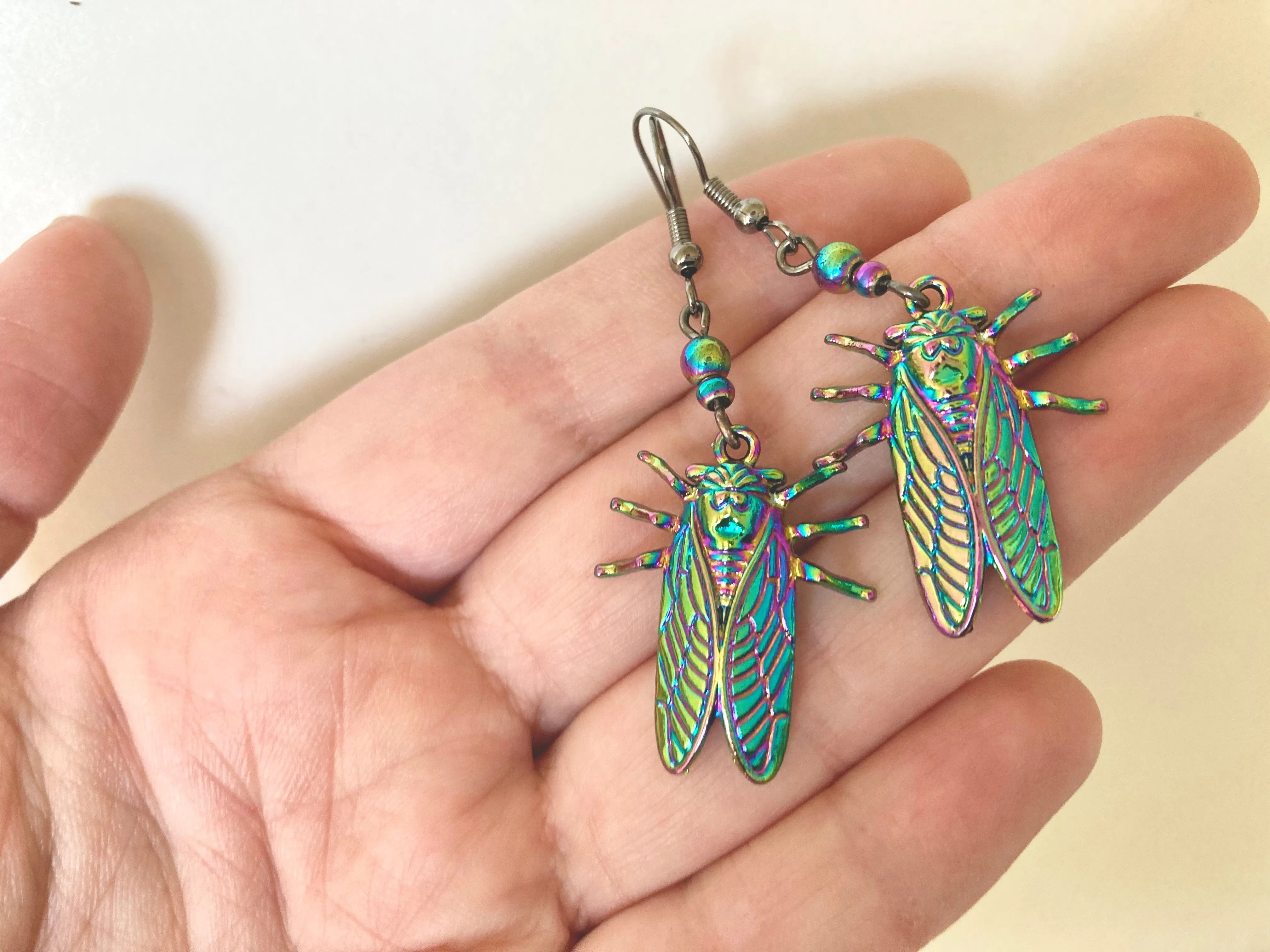 Cicada Earrings | Iridescent Rainbow Cicada Insect Charm Earrings | Forest Jewelry