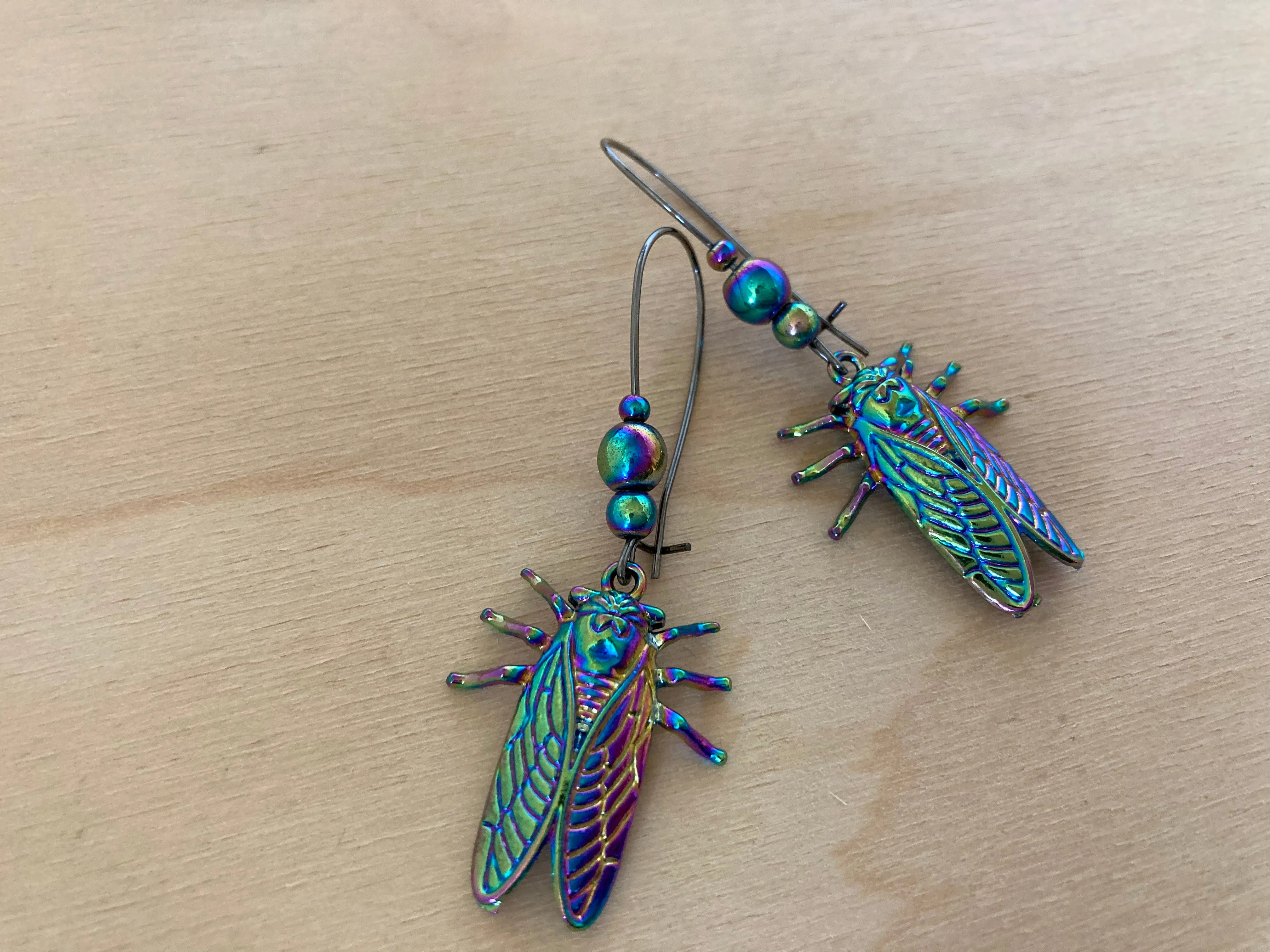 Cicada Earrings | Iridescent Rainbow Cicada Insect Charm Earrings | Forest Jewelry