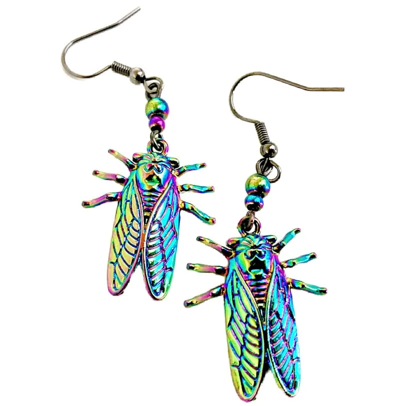 Cicada Earrings | Iridescent Rainbow Cicada Insect Charm Earrings | Forest Jewelry