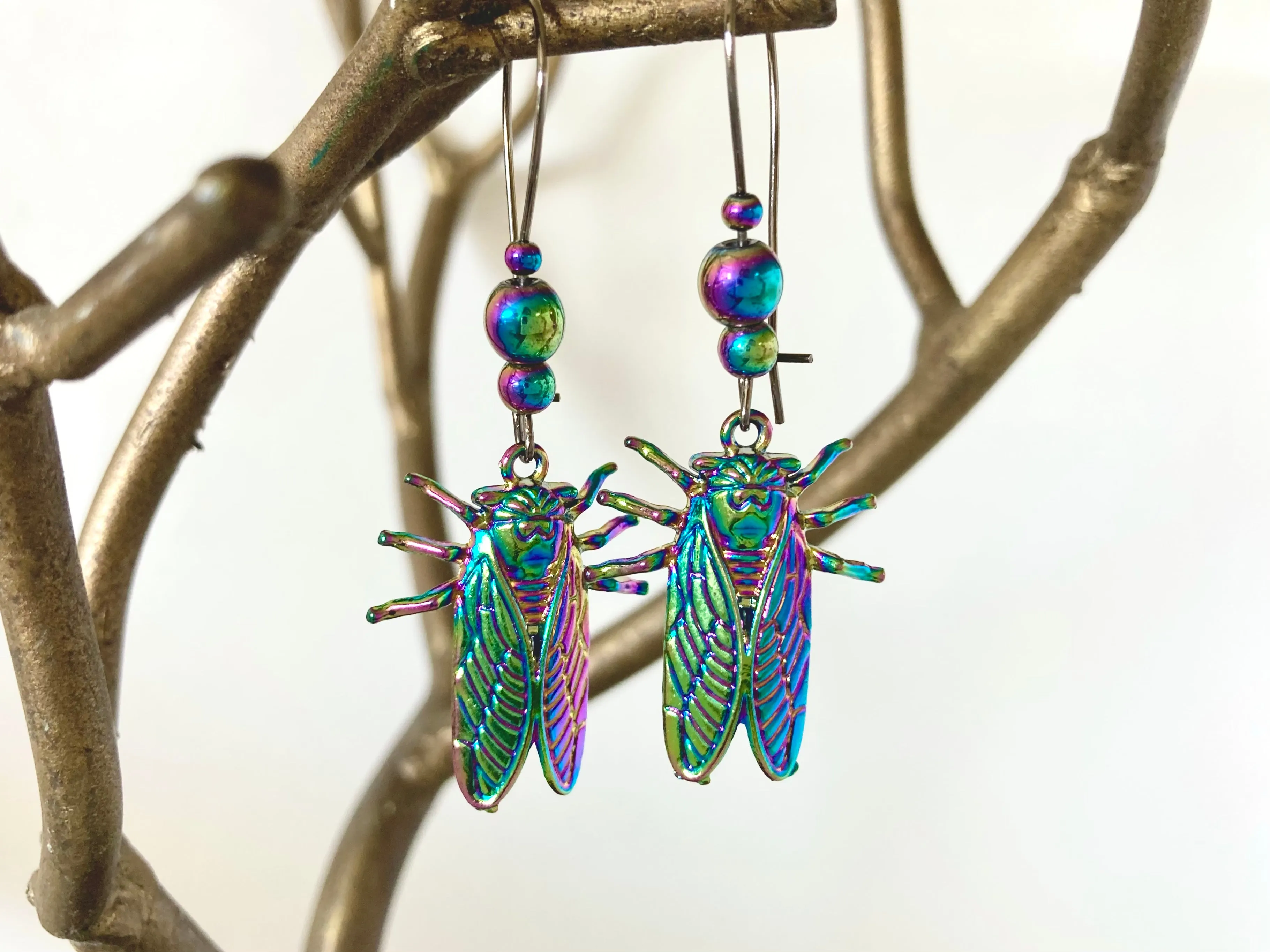 Cicada Earrings | Iridescent Rainbow Cicada Insect Charm Earrings | Forest Jewelry