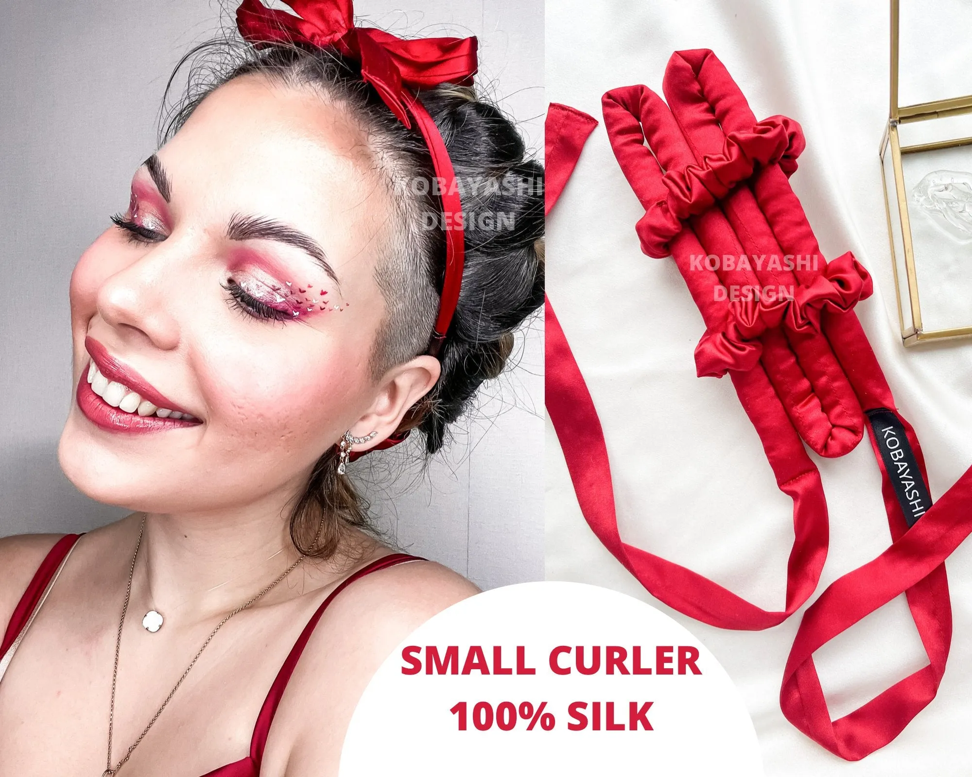 Classic Small size  Long Silk Heatless hair curler ribbon with ties, Curling rod and Scrunchie set for tight curls