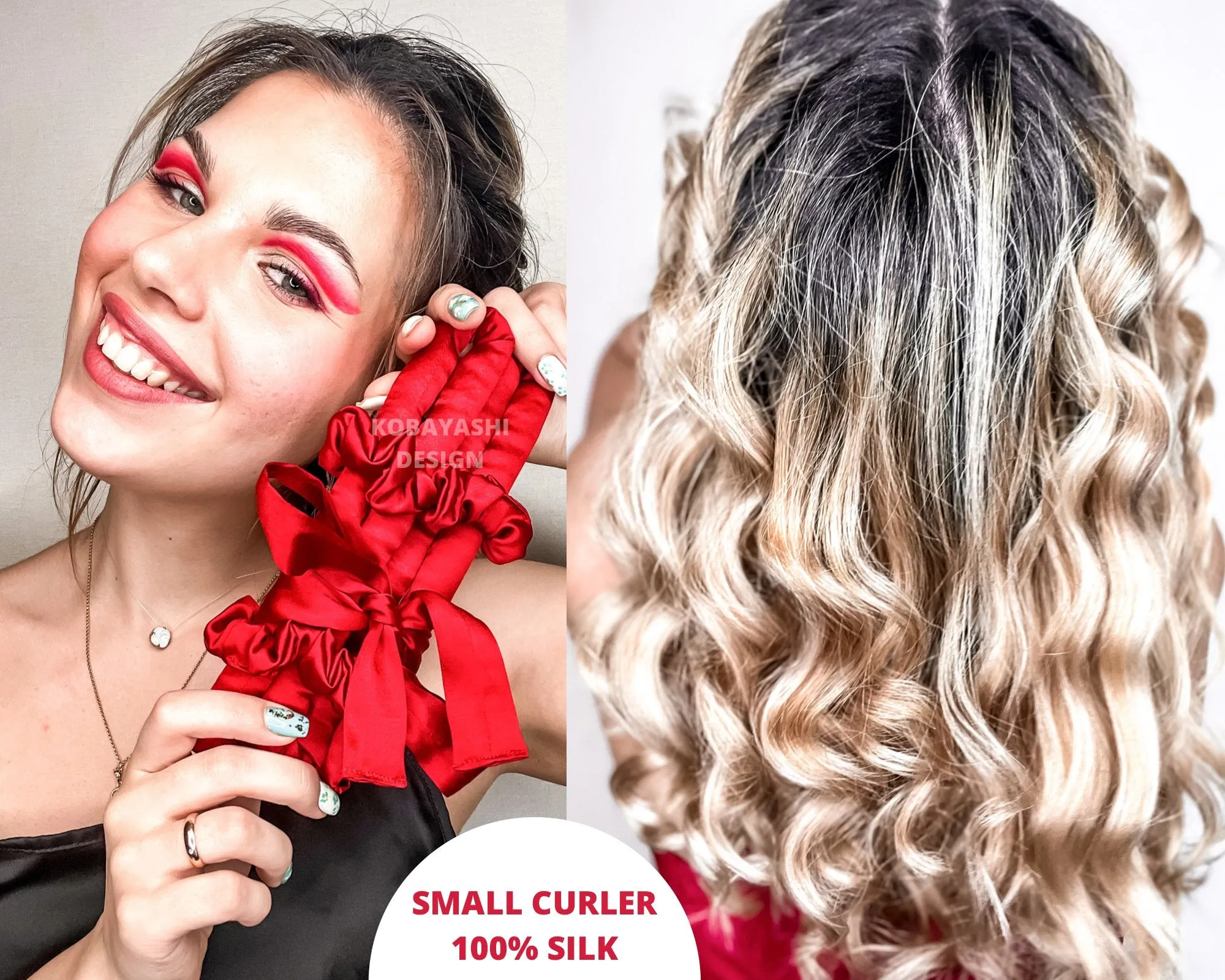 Classic Small size  Long Silk Heatless hair curler ribbon with ties, Curling rod and Scrunchie set for tight curls