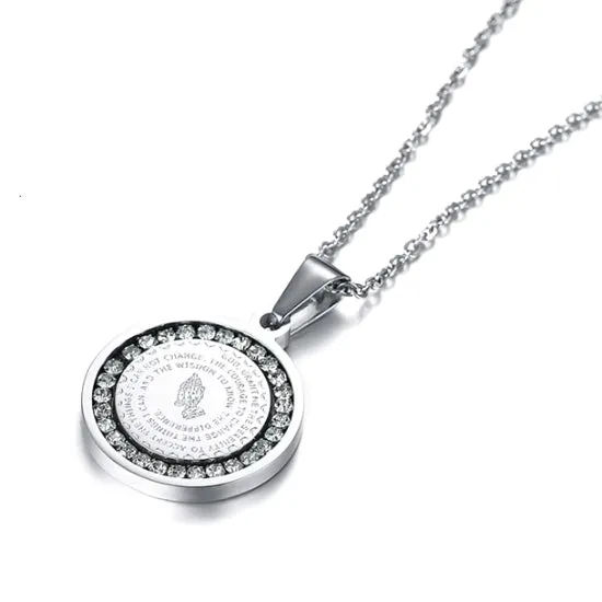 Classy Men Silver CZ Serenity Prayer Pendant Necklace