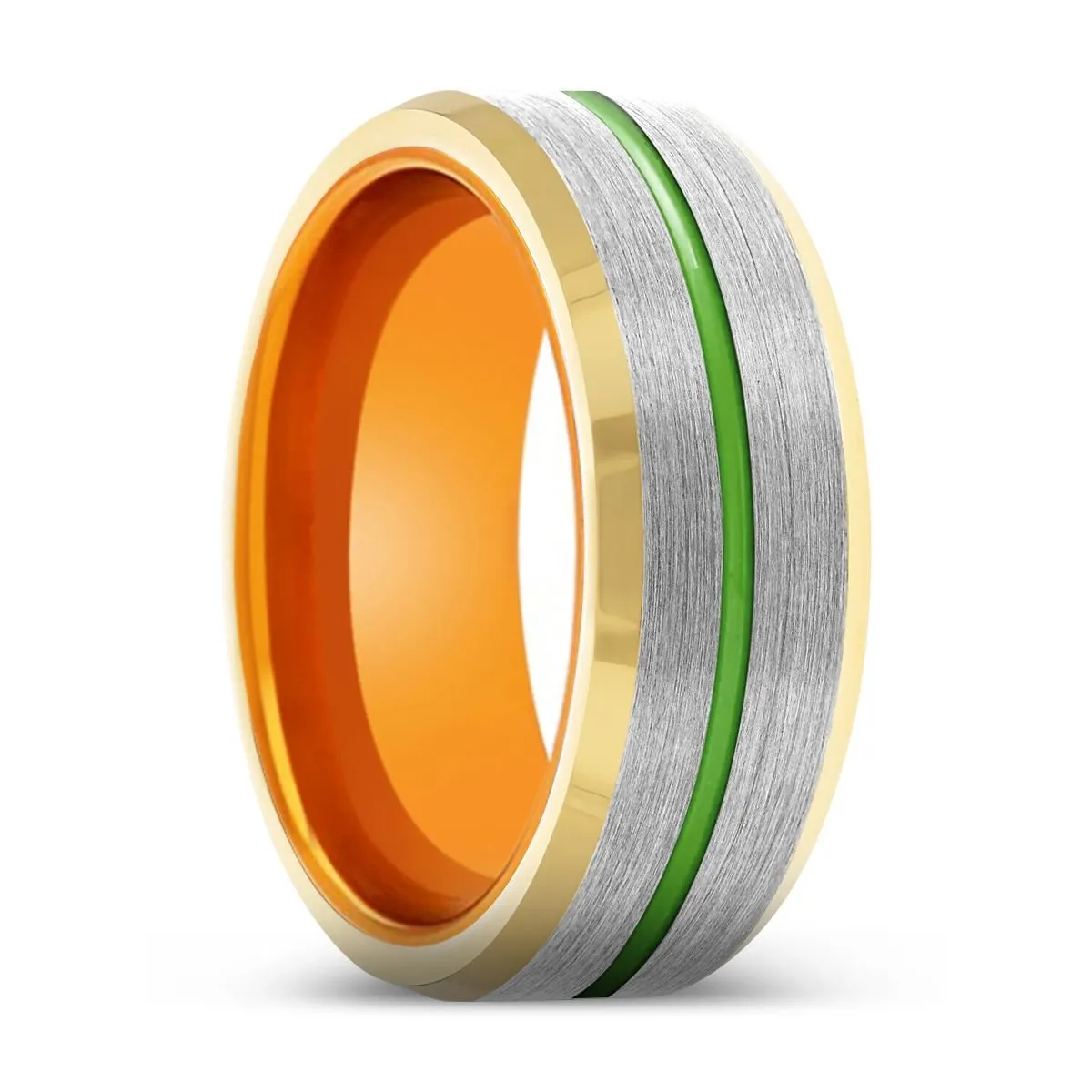 CRUSADER | Orange Ring, Silver Tungsten Ring, Green Groove, Gold Beveled Edge