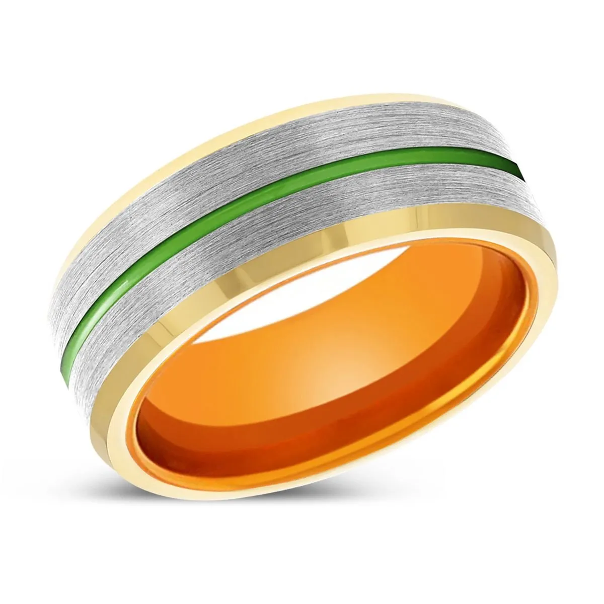 CRUSADER | Orange Ring, Silver Tungsten Ring, Green Groove, Gold Beveled Edge