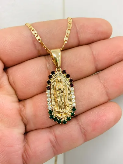 CZ Virgen de Guadalupe Necklace Valentino Chain Virgin Mary Necklace / Looks Like Gold Pendant / Dije de la Guadalupe / Gold Filled Jewelry