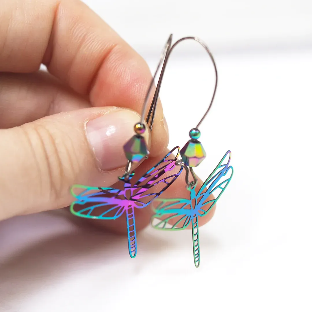 Damselfly Earrings | Iridescent Rainbow Damselfly Dragonfly Charm Earrings | Forest Jewelry