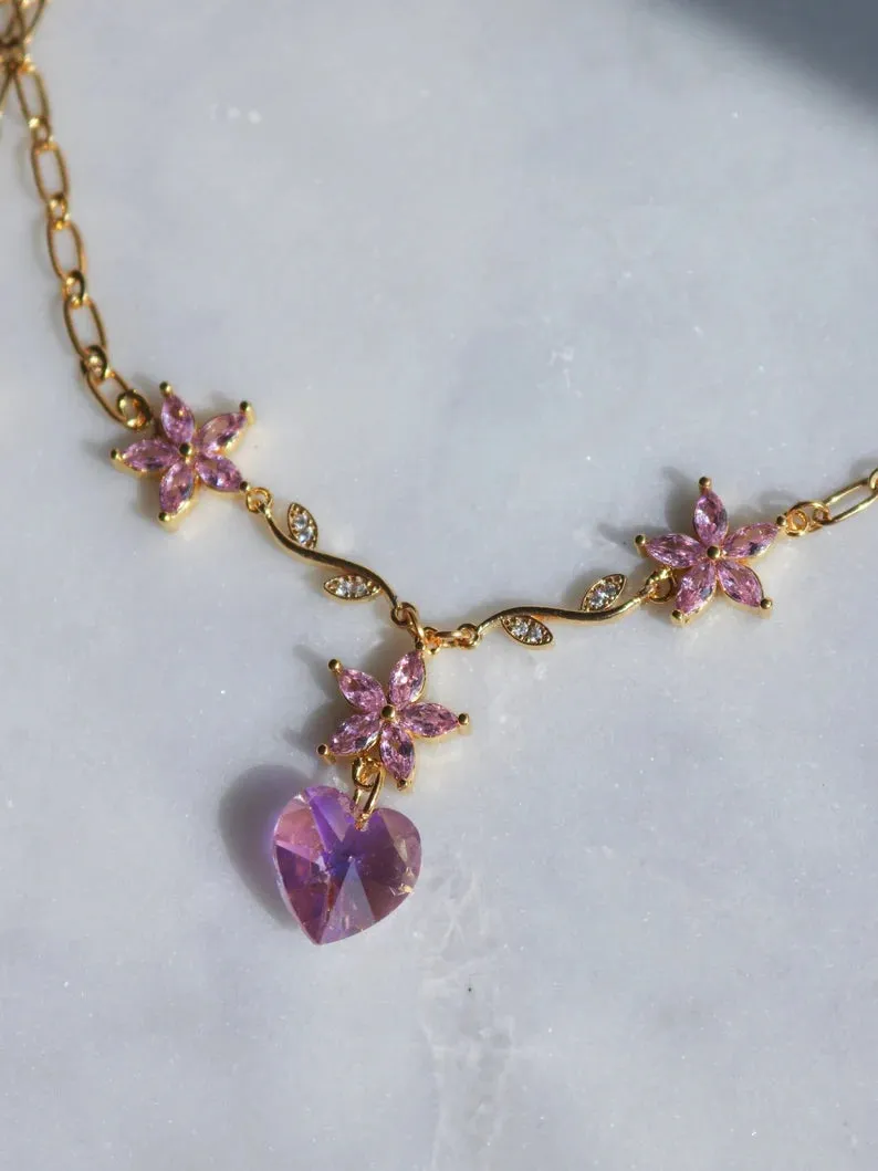 Diamond Chateau Princess Flower Heart Necklace, Friendship Necklaces