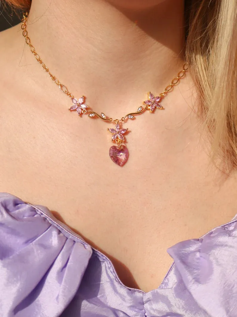 Diamond Chateau Princess Flower Heart Necklace, Friendship Necklaces