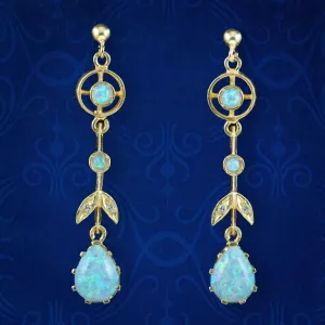 Edwardian Style Opal Drop Earrings Silver 18Ct Gold Gilt