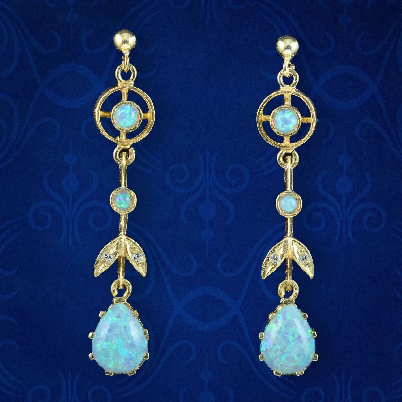 Edwardian Style Opal Drop Earrings Silver 18Ct Gold Gilt