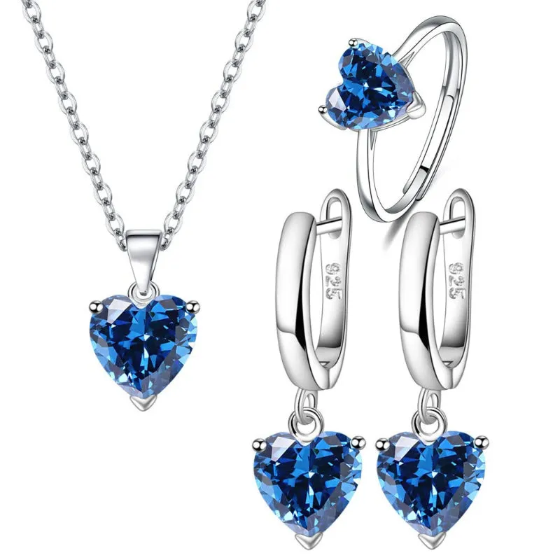 Elegant 925 Silver Heart Jewelry Set - Ring, Earrings, Necklace