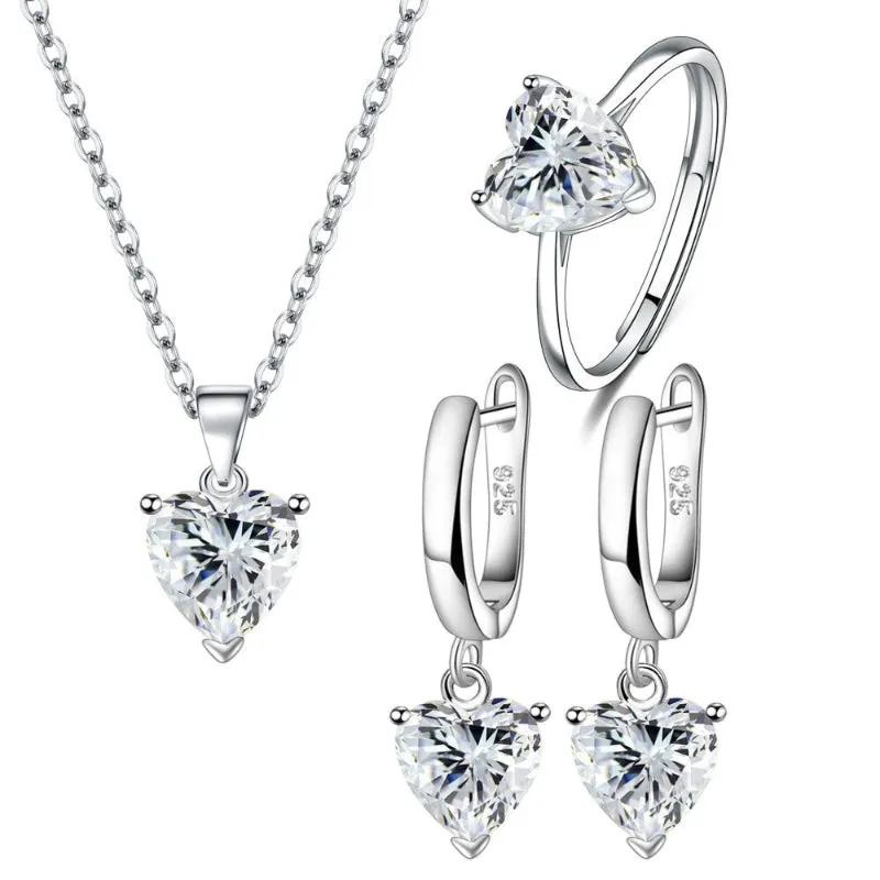 Elegant 925 Silver Heart Jewelry Set - Ring, Earrings, Necklace