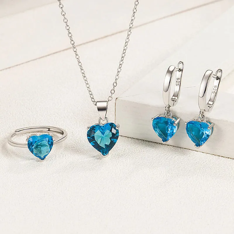 Elegant 925 Silver Heart Jewelry Set - Ring, Earrings, Necklace