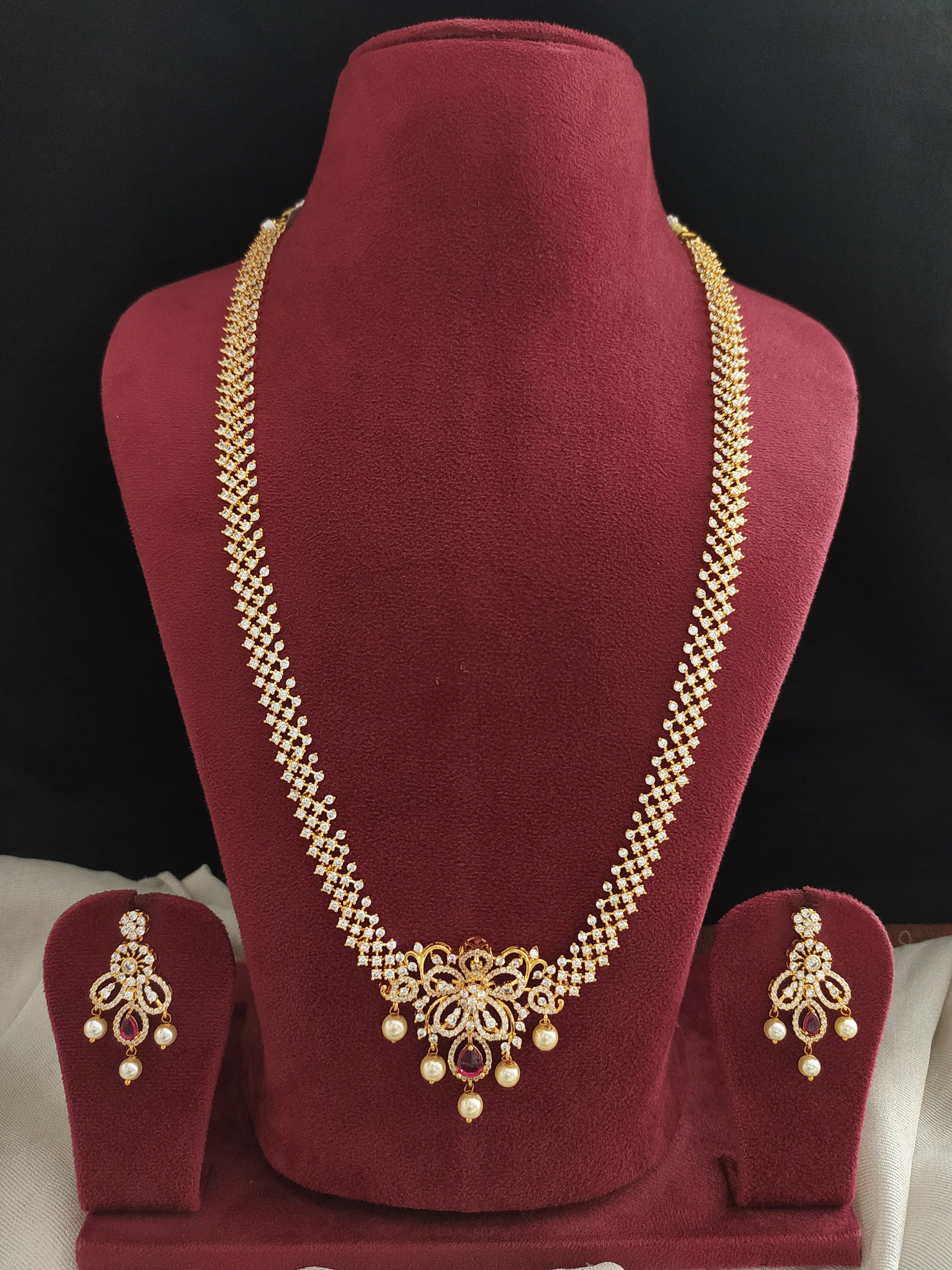 Embrace Timeless Elegance Of Gold-Plated Floral Pendant Zircon Long Haram Set