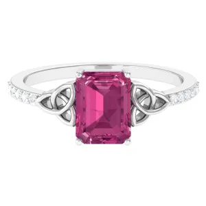 Emerald Cut Pink Tourmaline Solitaire Celtic Engagement Ring with Diamond