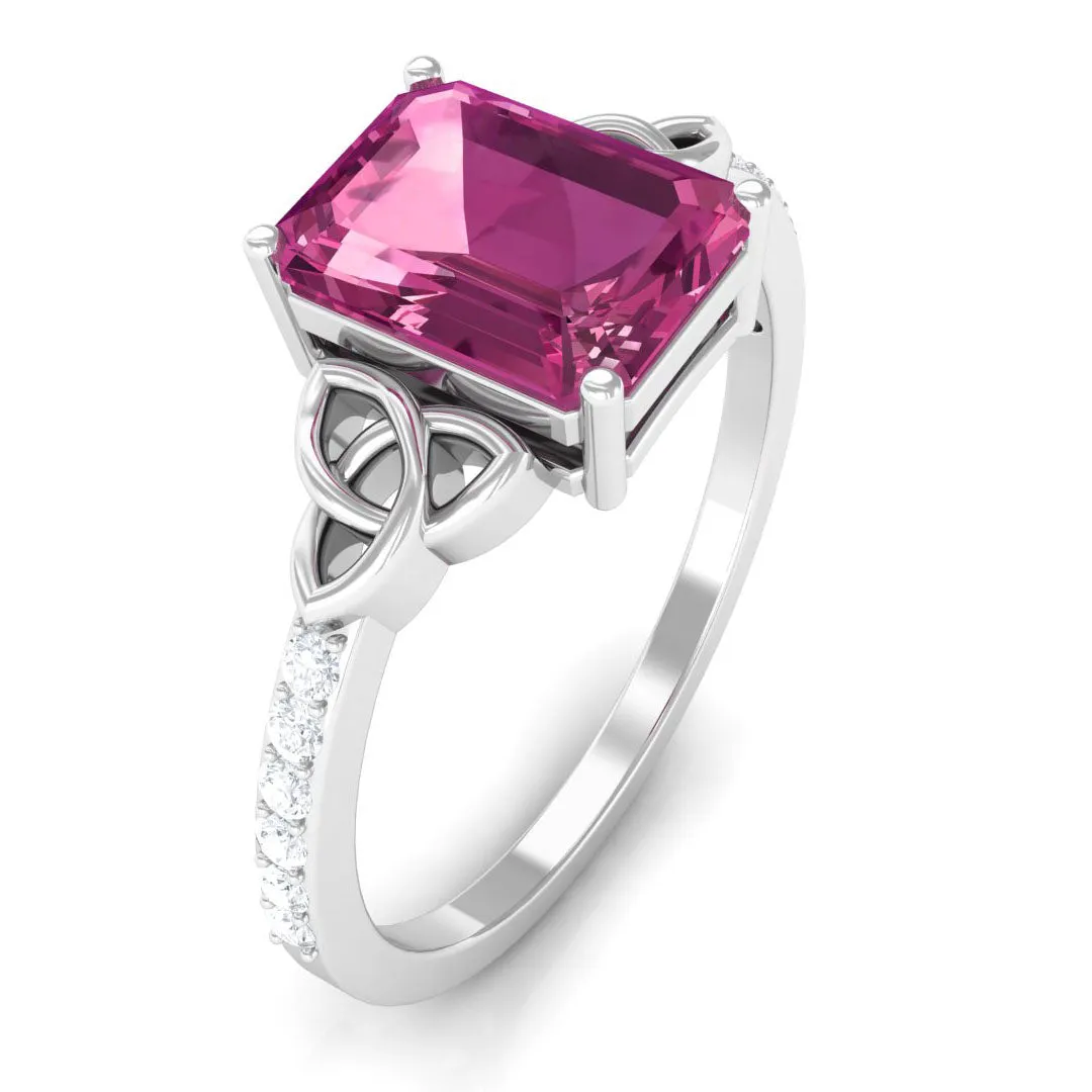 Emerald Cut Pink Tourmaline Solitaire Celtic Engagement Ring with Diamond