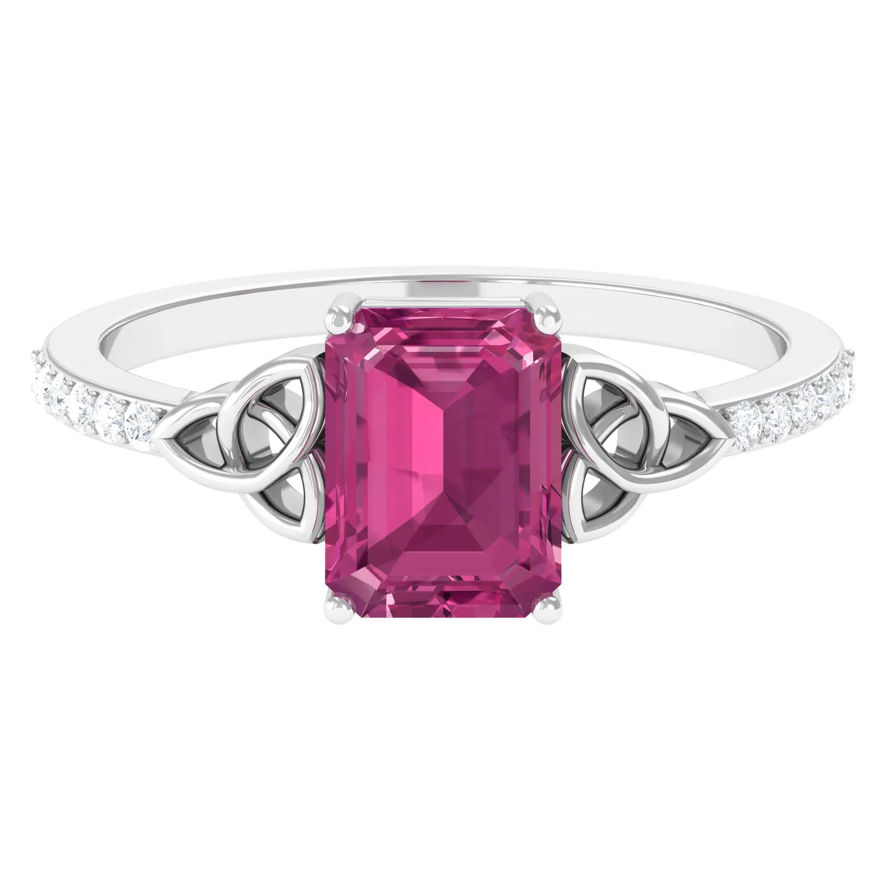 Emerald Cut Pink Tourmaline Solitaire Celtic Engagement Ring with Diamond