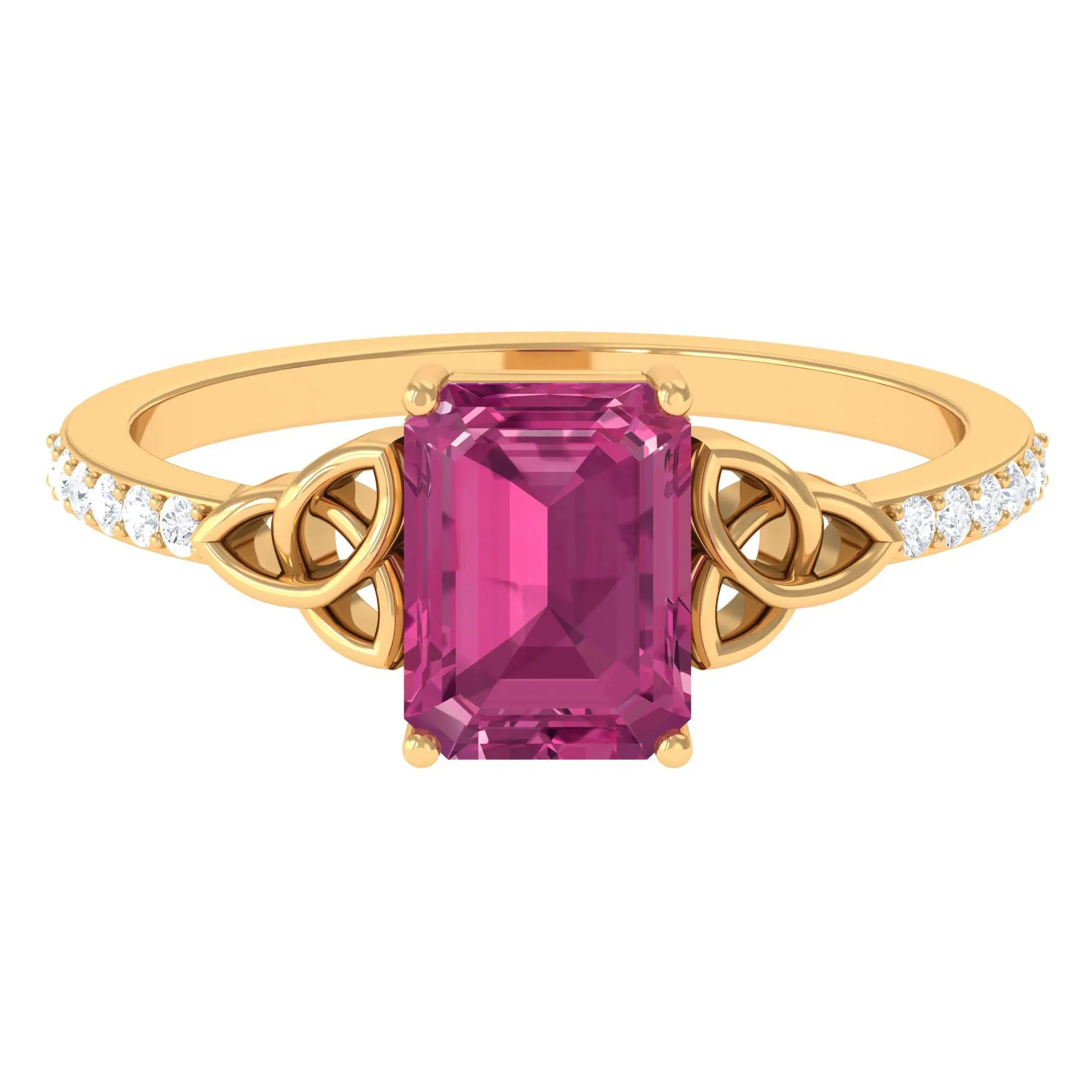 Emerald Cut Pink Tourmaline Solitaire Celtic Engagement Ring with Diamond