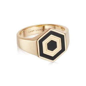 Enamel Hexagon Signet Ring 18ct Gold Plate