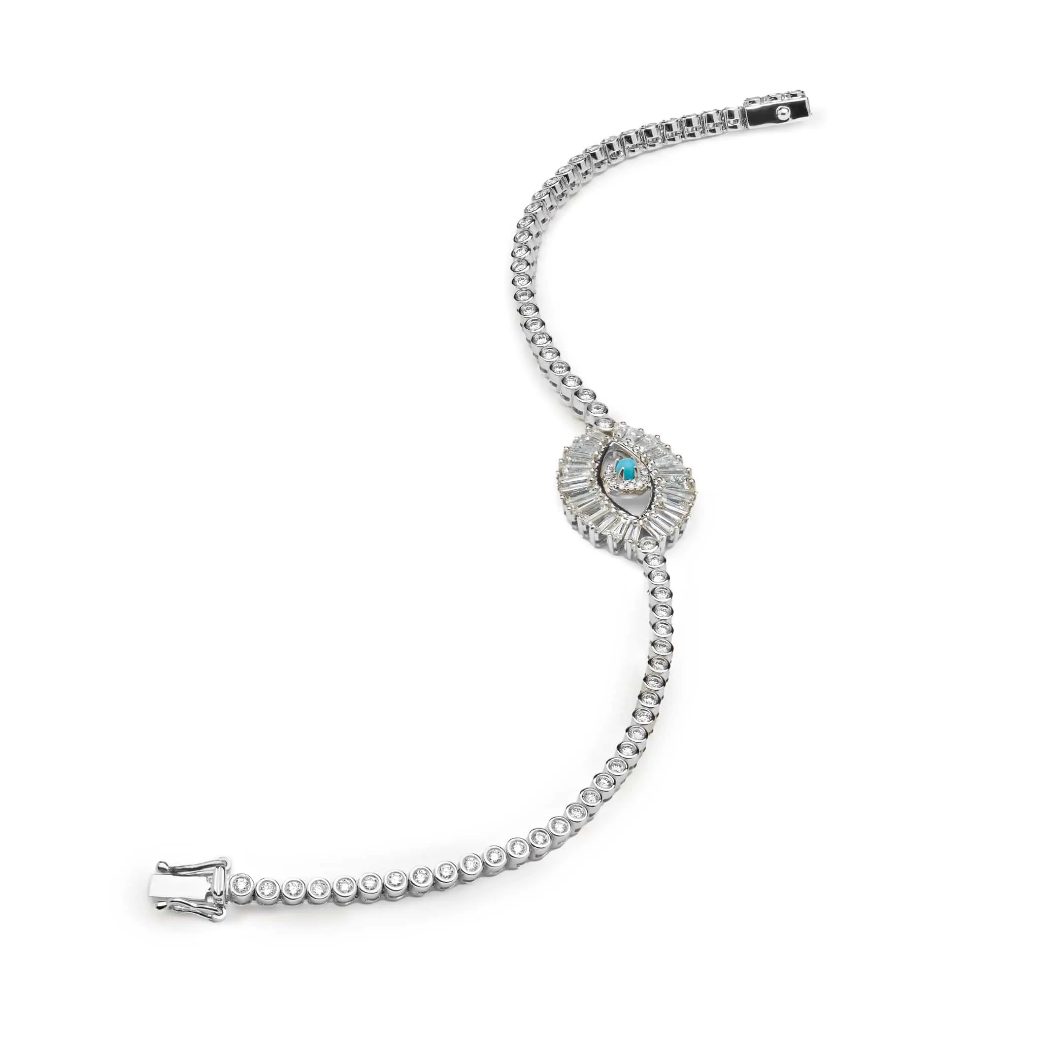 Evil Eye Baguette and Round Diamond White Gold Bracelet