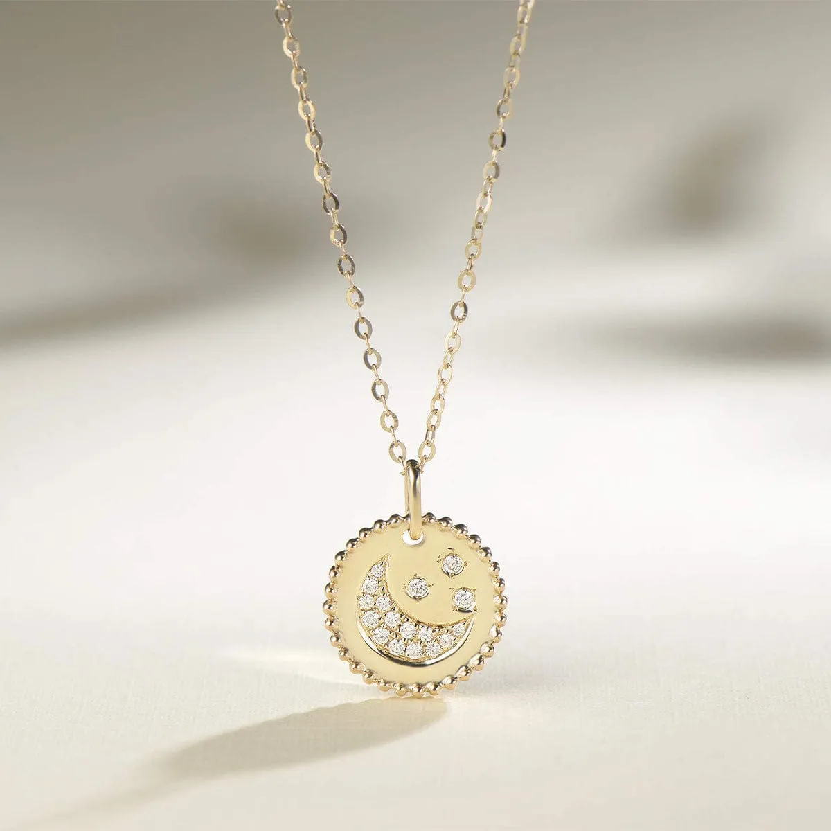 FANCIME Moon Star Round Disc Coin 14K Solid Gold Necklace