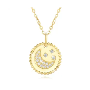 FANCIME Moon Star Round Disc Coin 14K Solid Gold Necklace