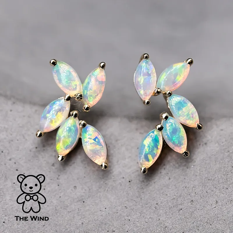 Feather Design Australian Solid Opal Stud Earrings 14K Yellow Gold