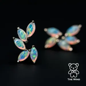 Feather Design Australian Solid Opal Stud Earrings 14K Yellow Gold