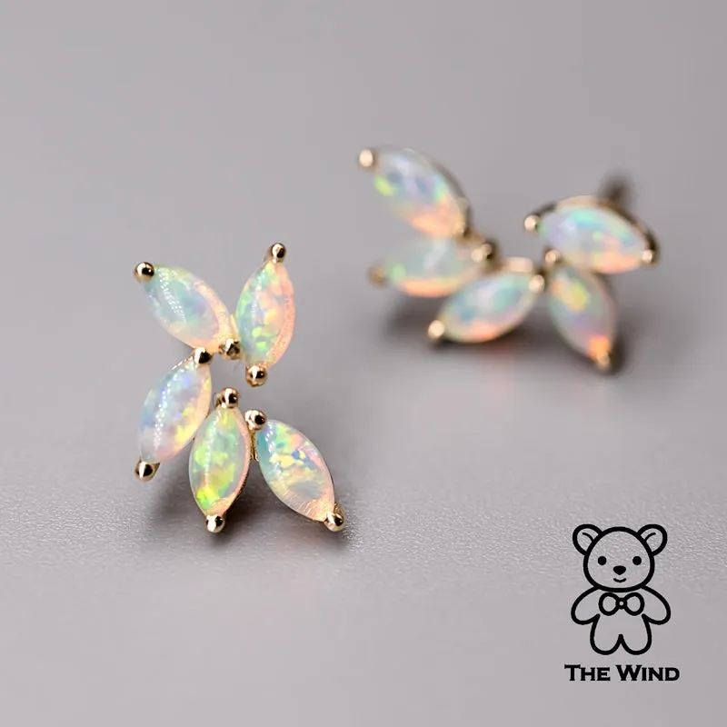 Feather Design Australian Solid Opal Stud Earrings 14K Yellow Gold