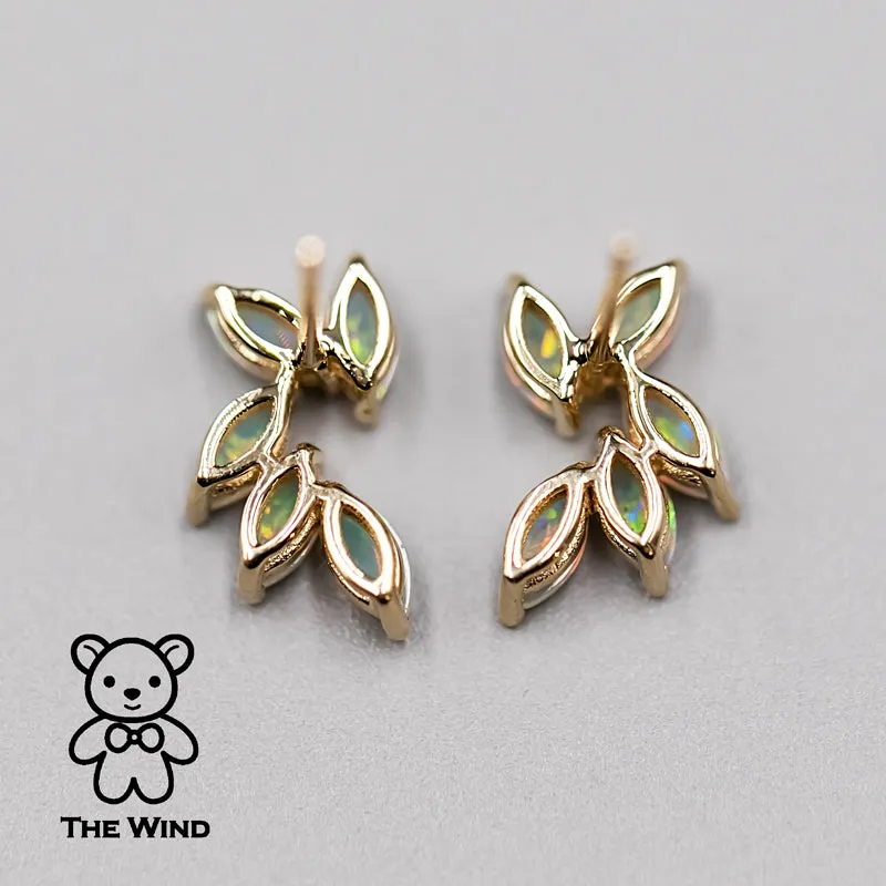 Feather Design Australian Solid Opal Stud Earrings 14K Yellow Gold