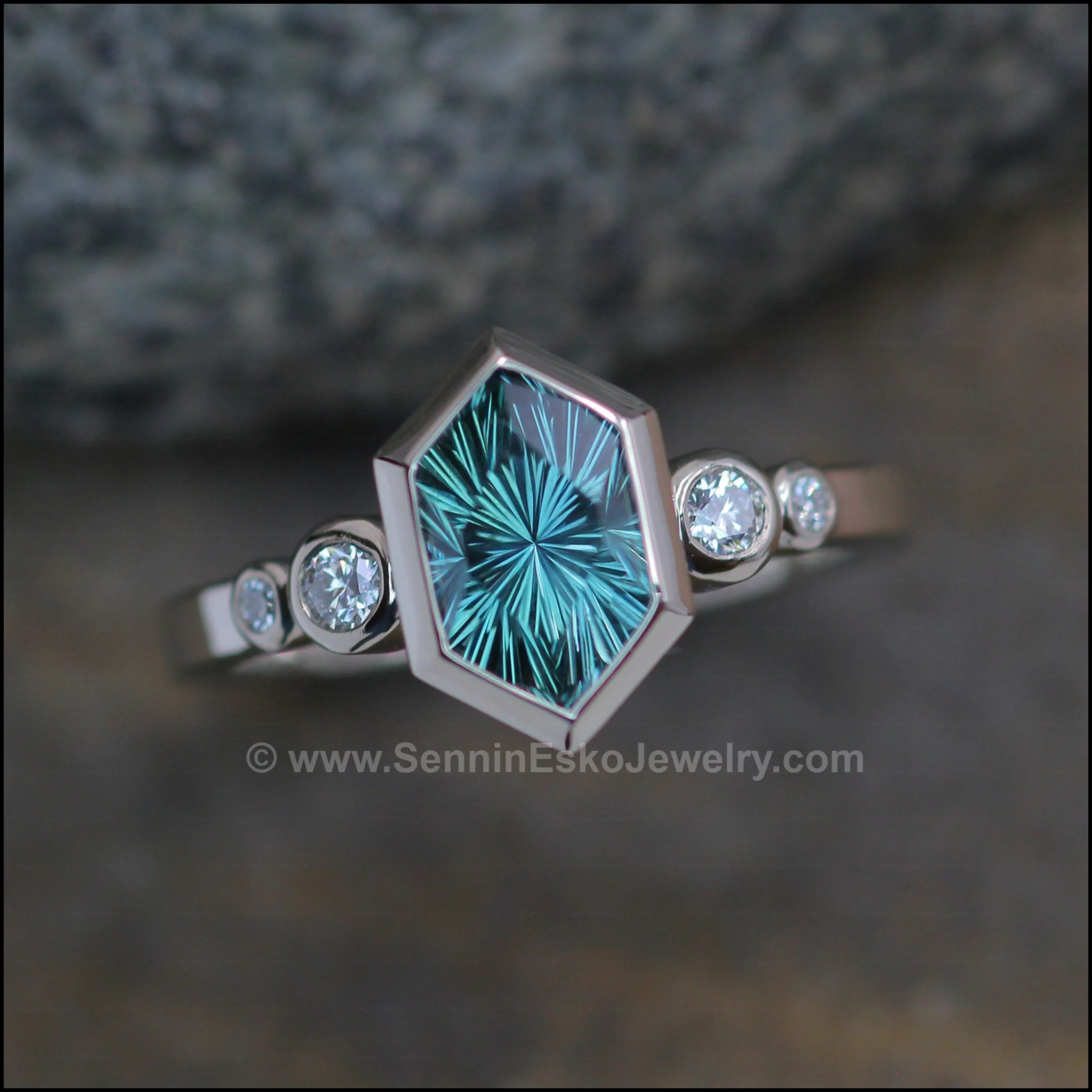 Five Stone Diamond Accented Multi Bezel Setting - Depicted with a Fantasy cut Montana Sapphire Hexagon (Setting Only, Center Stone Sold Separately)