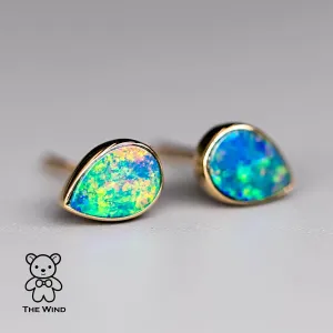 Geometric Pear Shaped Australian Doublet Opal Stud Earrings 14K Yellow Gold