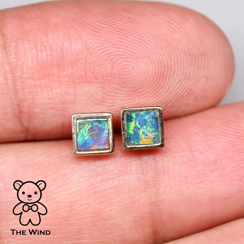 Geometric Square Shaped Australian Doublet Opal Stud Earrings 14K Yellow Gold