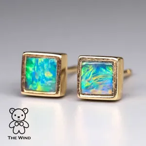 Geometric Square Shaped Australian Doublet Opal Stud Earrings 14K Yellow Gold