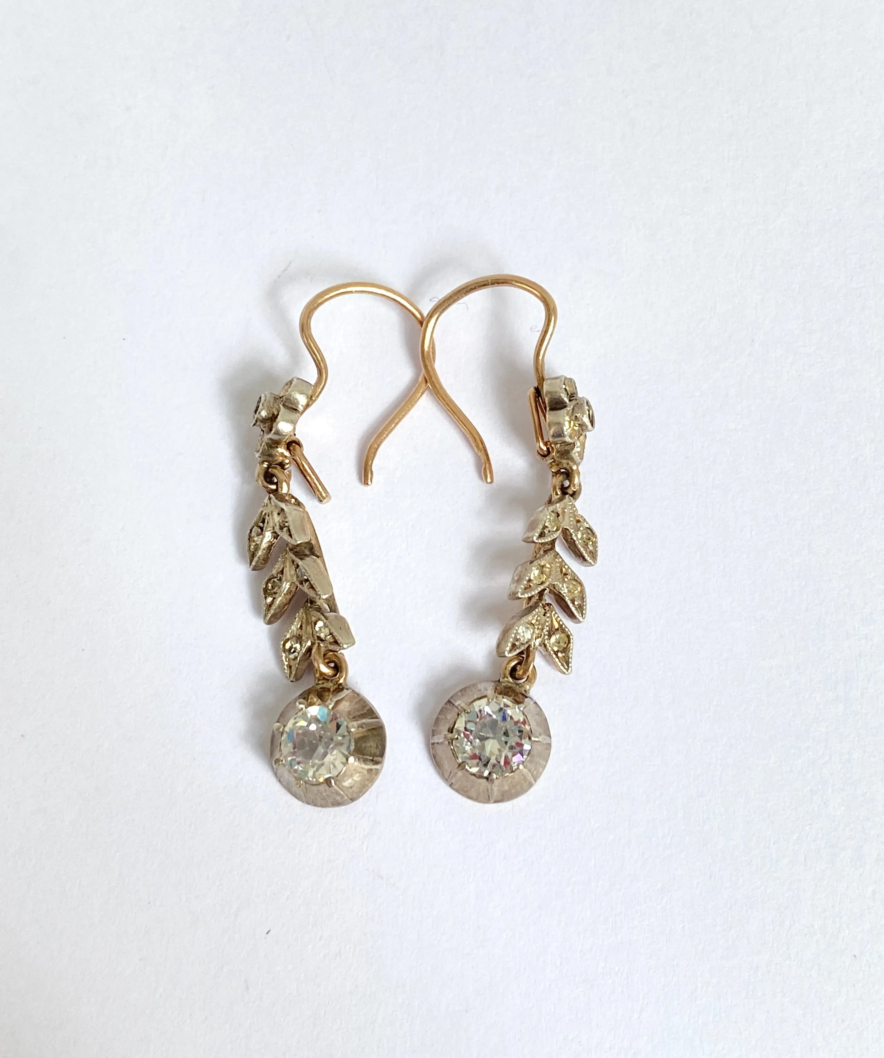 Georgian, 9ct Gold and Silver,  Paste Flower Drop Earrings