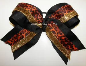 Glitter Leopard Orange Black Gold Cheer Bow