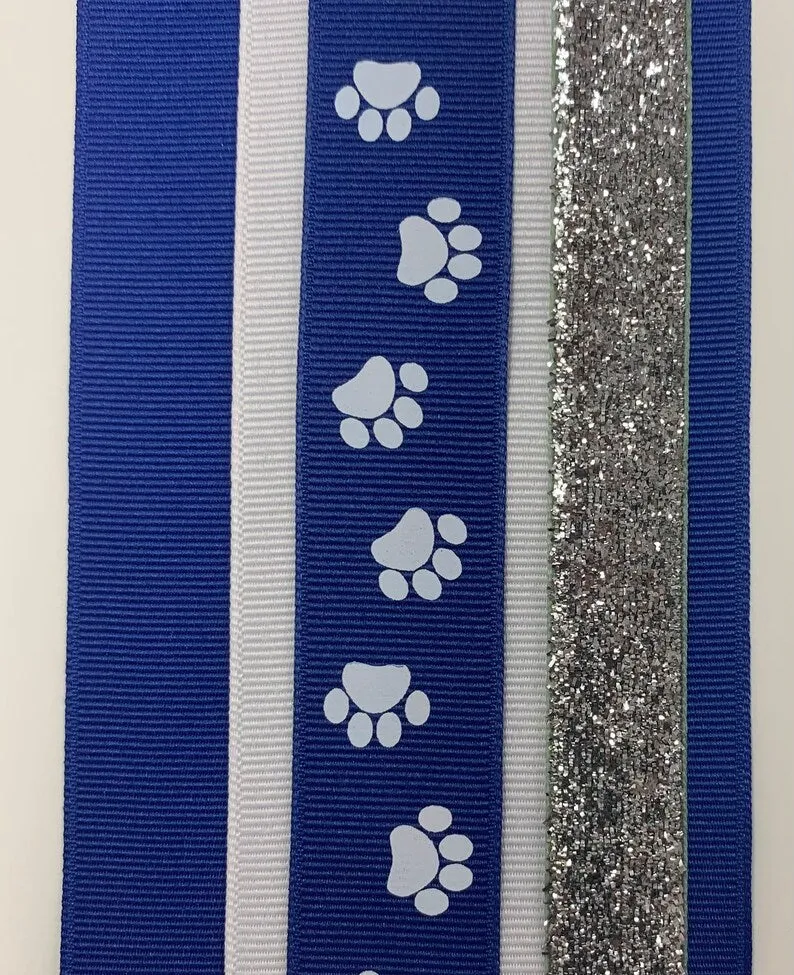 Glitter Paw Print Navy Blue White Cheer Bow