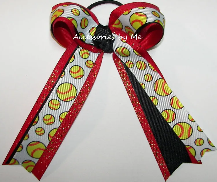 Glitter Softball Black Red Ponytail Bow