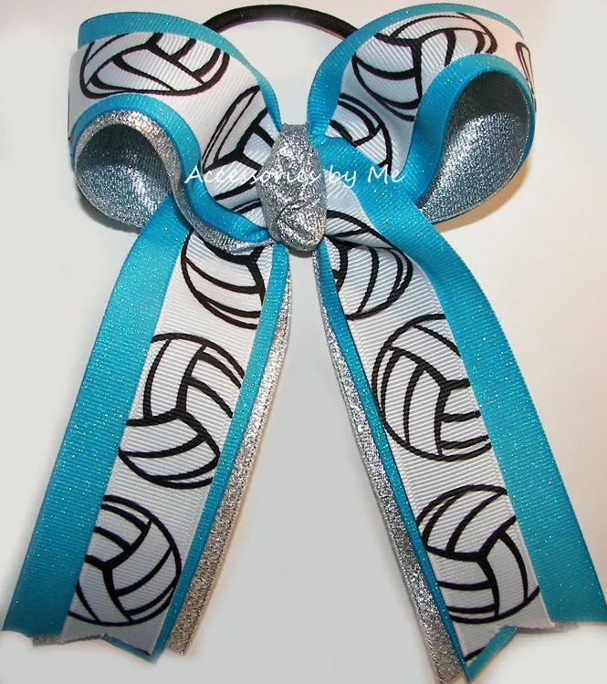 Glitter Volleyball Turquoise Silver Ponytail Bow