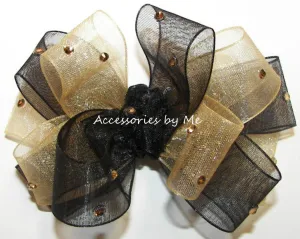 Glitzy Black Gold Organza Hair Bow