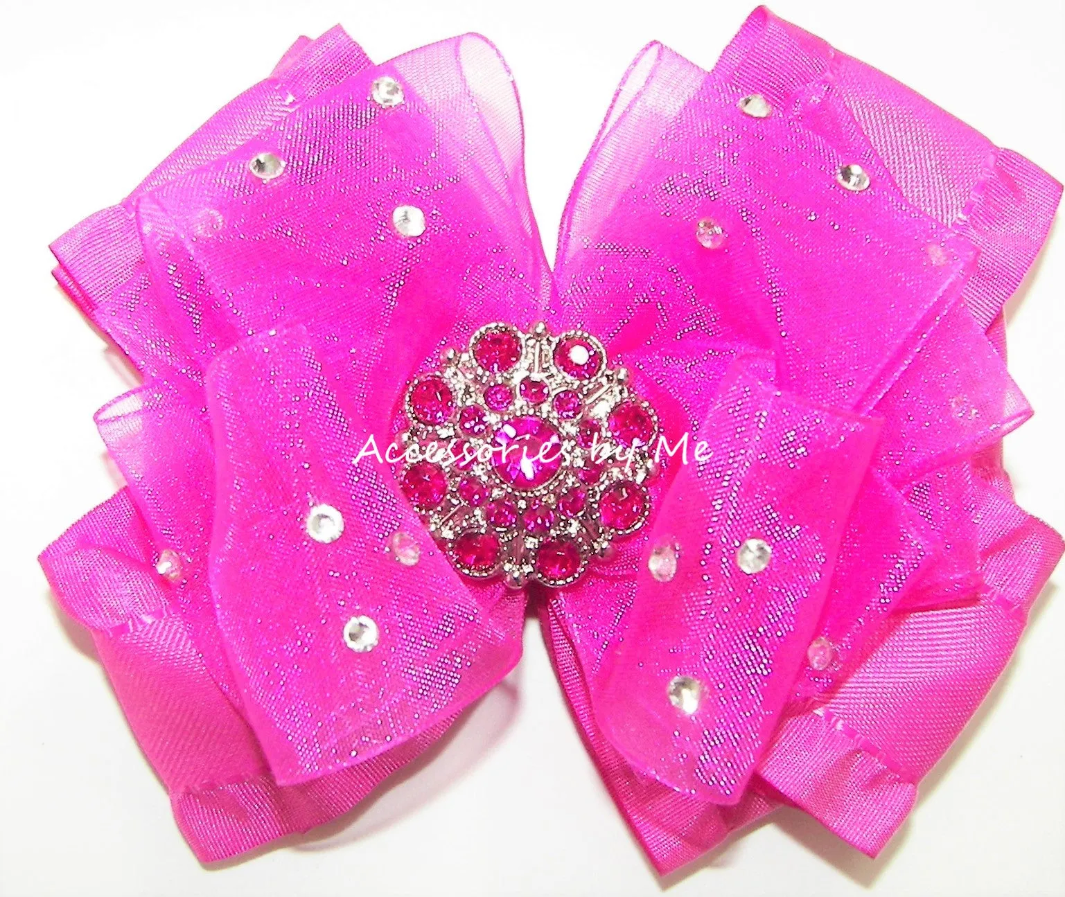 Glitzy Fuchsia Pink Organza Ruffle Hair Bow