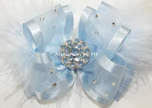 Glitzy Light Blue Organza Marabou Hair Bow