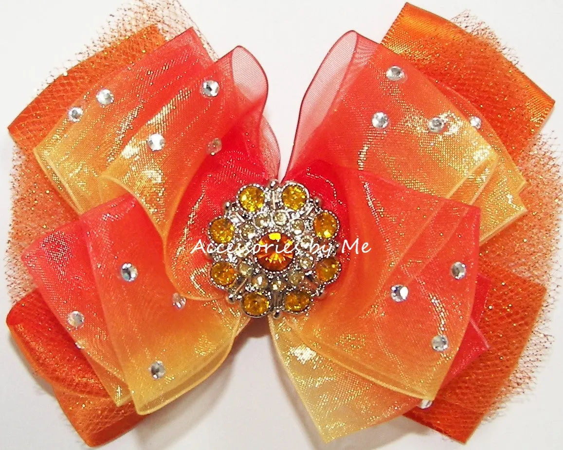 Glitzy Orange Yellow Ombre Organza Tutu Hair Bow