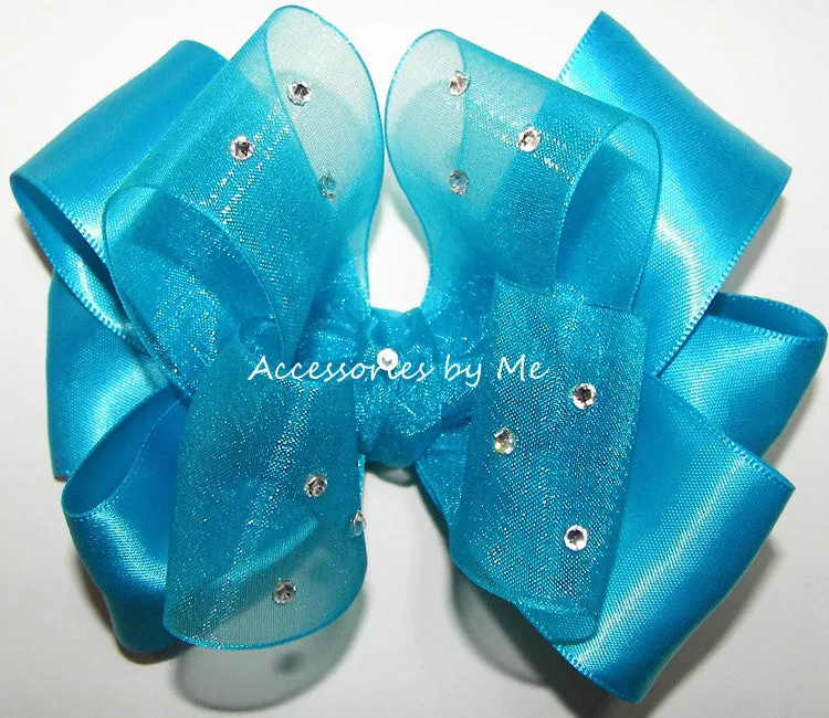 Glitzy Turquoise Organza Satin Hair Bow