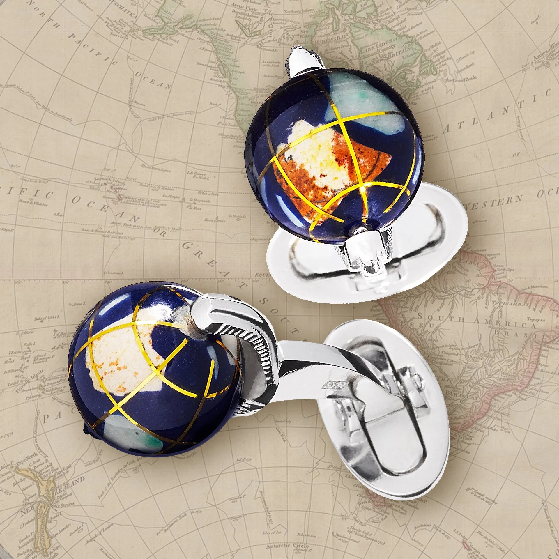 Globe Spinning Lapis Inlay Sterling Cufflinks